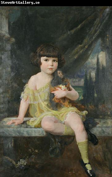 Douglas Volk Young Girl in Yellow Dress Holding her Doll,